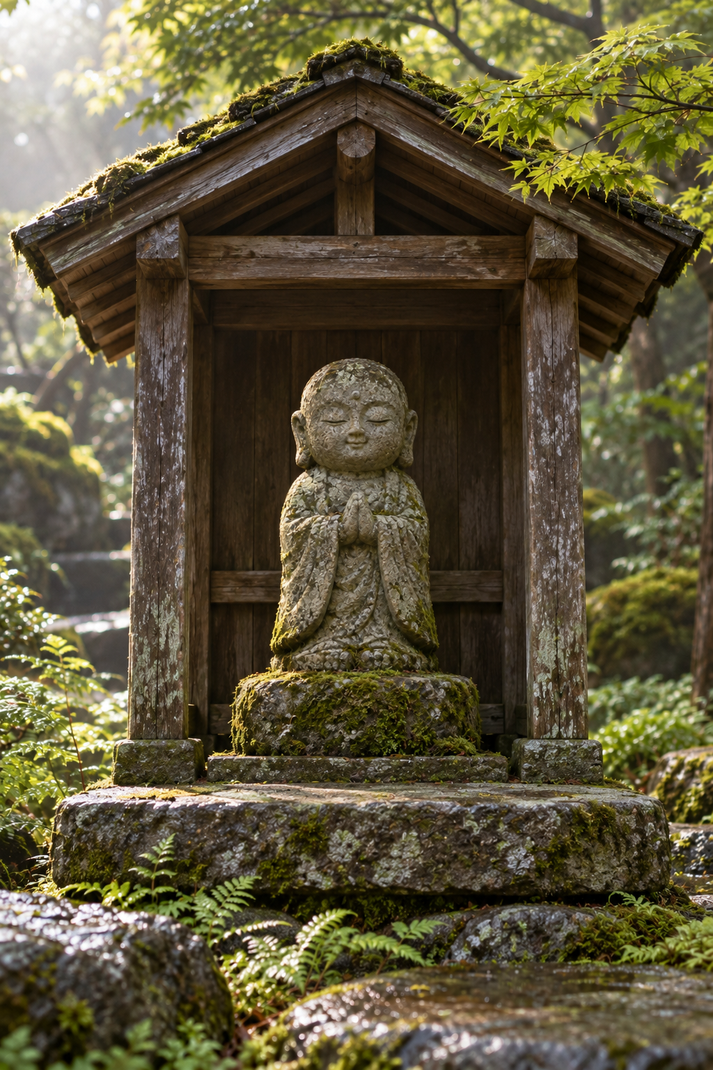 苔むした木造の祠で、静かに手を合わせる石のお地蔵さま